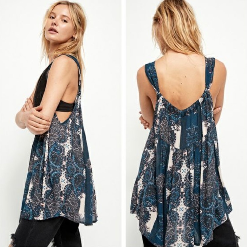 .Free People Count Me In Trapeze babydoll dress top lace trimmed black blue M - Picture 2 of 12
